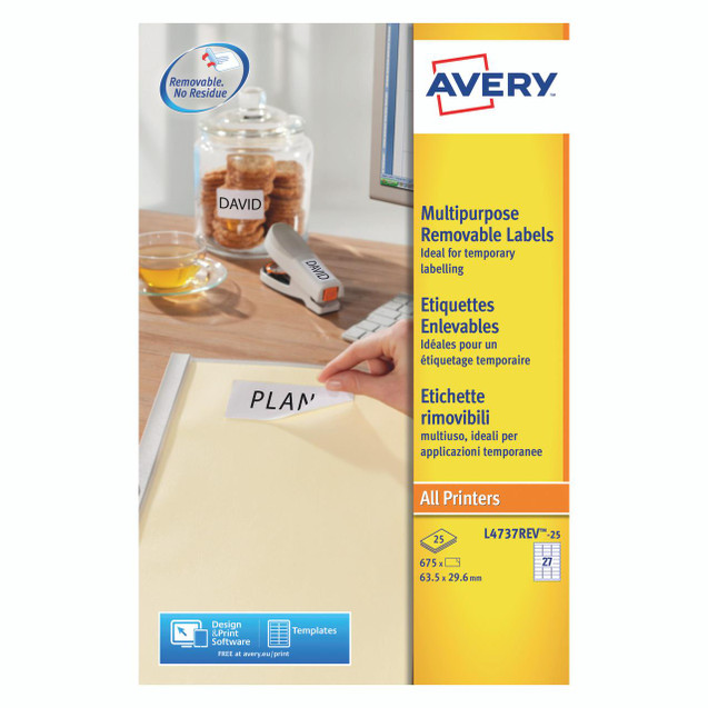 Product CW Office Avery Remv Lsr Lbls WHT 27L/SHT BX25, image of label sheets for printers and a hand peeling off a label with the word PLAN.