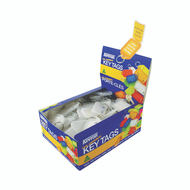 CW Office Kevron Clicktag Key Tag Clear PK100, a box of 100 transparent key tags with metal rings for organization and key management.