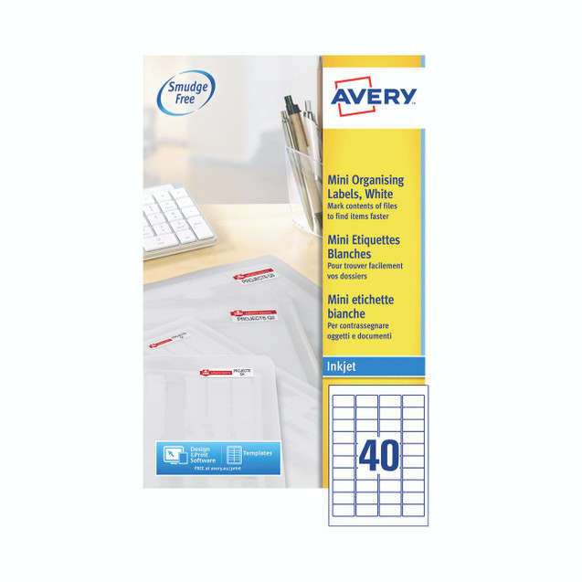 CW Office Avery Mini Labels WHT 40L/SH Ijet BX25, white mini organizing labels for marking files and documents with 40 labels per sheet.