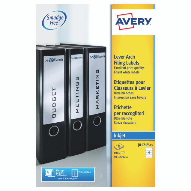 CW Office Avery Inkjet Lever Arch Filing Labels, 25 Sheets, bright white adhesive labels for organizing documents with minimal smudging, ideal for office and filing purposes.