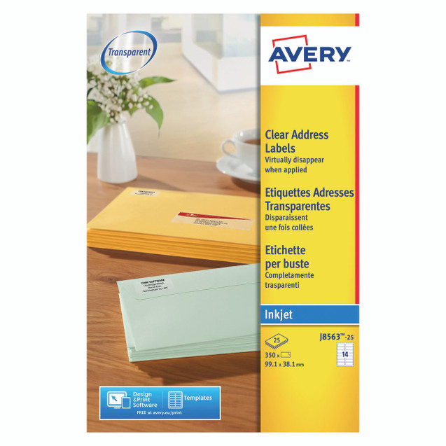 Product CW Office Avery Clear Index Labels, a pack of 25 sheets with 350 labels, 14 labels per sheet, 99.1 x 38.1 mm, designed for inkjet printing, with transparent adhesive and a yellow and blue packaging design.