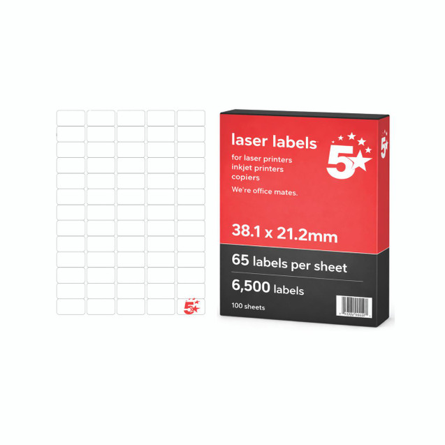 CW Office A4 Sheet Lab 38.1x21.2mm PK6500, product packaging and sheet of laser labels for printers, with 65 labels per sheet and 6500 total labels, suitable for office labeling needs.