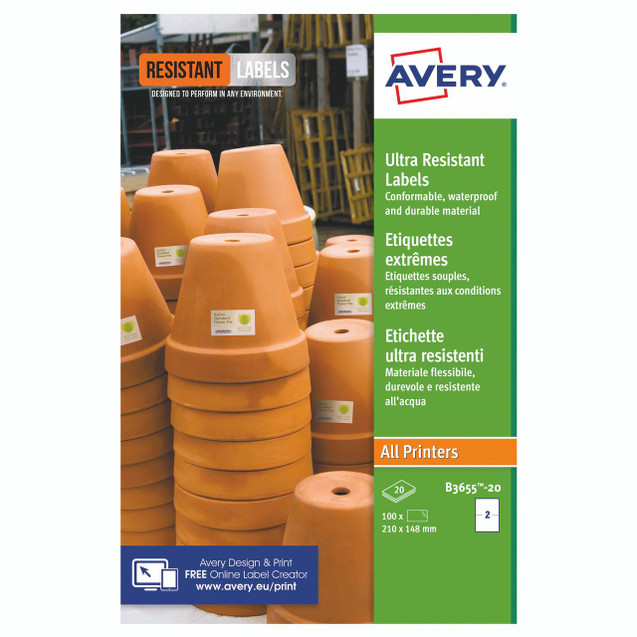 Product CW Office Avery Ultra Resistant Labels, image of orange plant pots with labels on them in a greenhouse setting.