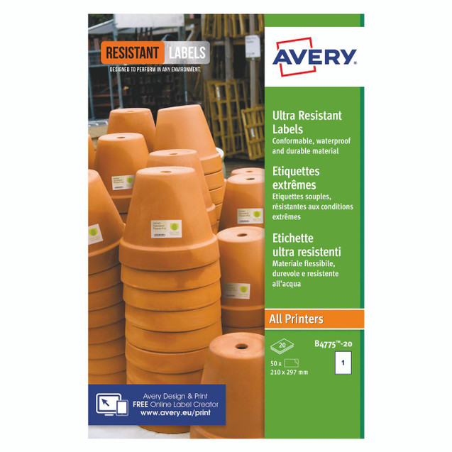 Product CW Office Avery Uhdut Labels 209X291MM PK20, orange plant pots with labels in a gardening store.