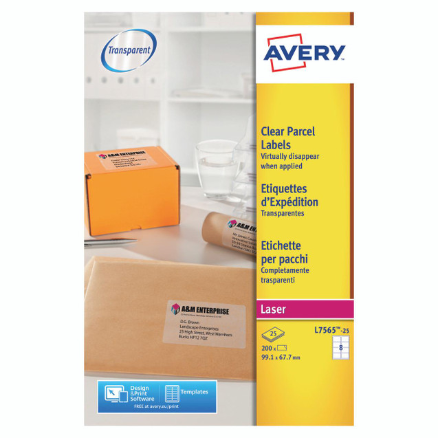Product CW Office Avery Clear LSR Label Sheets, packaging box with labels on a desk, showing transparent labels for laser printers, 8 labels per sheet, 25 packs.