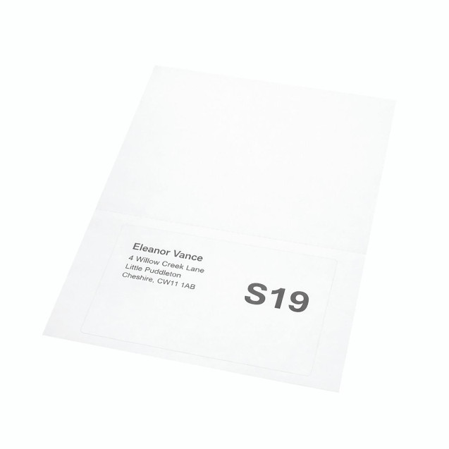 CW Office A4 Integrated Lab S19 160X105 PK1000, white laboratory or office paper sheet with a label showing a person's name and address, and the S19 model number.
