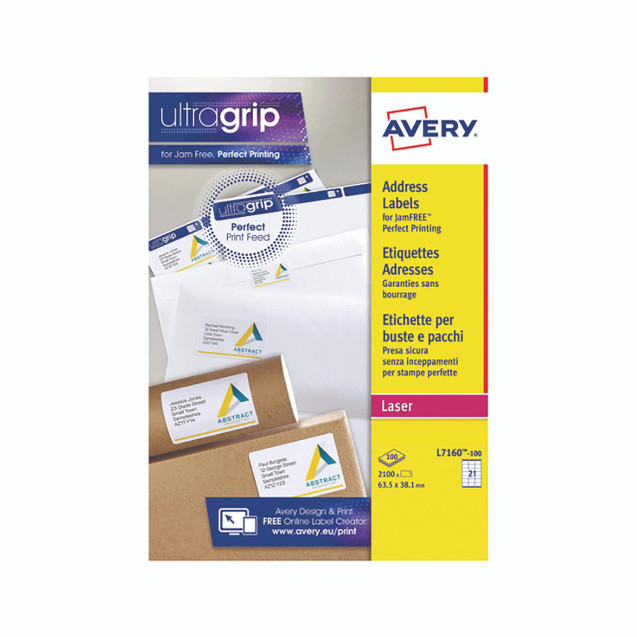 Product CW Office Avery L7160-100 Lsr Lbls WHT PK2100, box of white address labels for laser printers with 2100 labels, designed for jam-free precise printing.