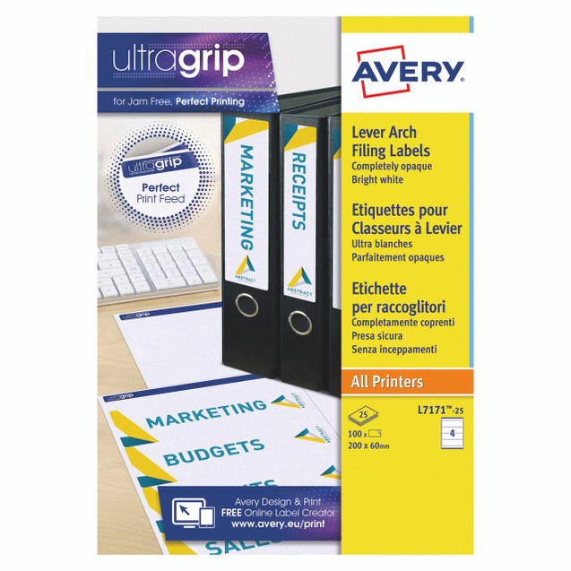 CW Office Avery Lsr Lbls 4L/SH WHT Box 25SHT, blank white lever arch filing labels in a box with packaging design featuring text and graphics.