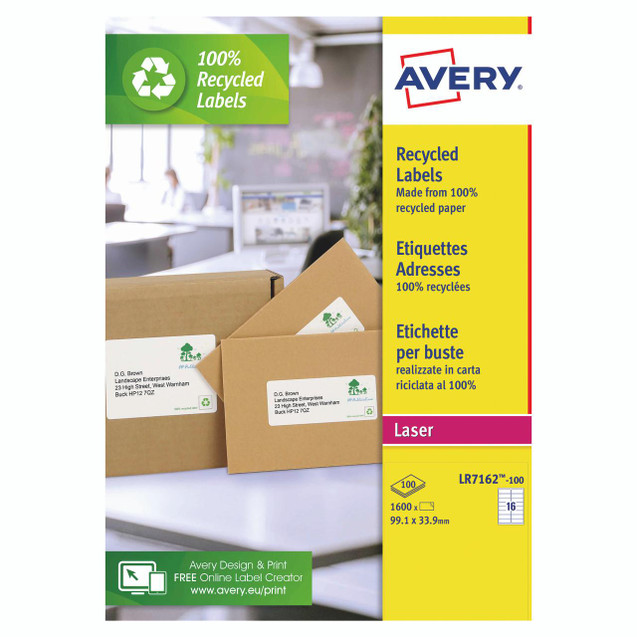 Product CW Office Avery Recycled Address Labels, brown mailing envelopes with white labels showing recycled paper and eco-friendly icons.