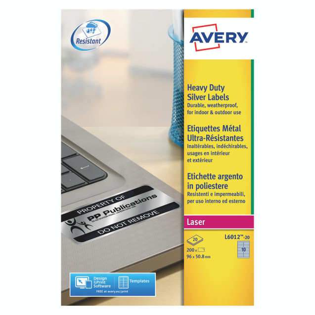 CW Office Avery 96MMX50.8MM Heavy Duty Label, a pack of durable, weatherproof silver metal labels for indoor and outdoor use, with a laser-compatible design.