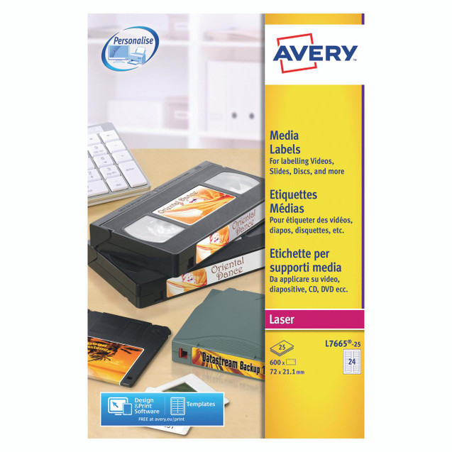 Product CW Office Avery Mini Data Crt Lbl 24L/SHT BX25, packaging of media labels for labeling videos, slides, discs, and more, featuring a label printer, binder, and computer accessories used in office settings.