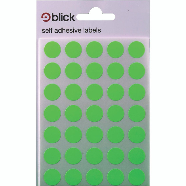 CW Office Blick Fluorescent Labels 13mm Green, package of self-adhesive green round labels for organization and labeling.