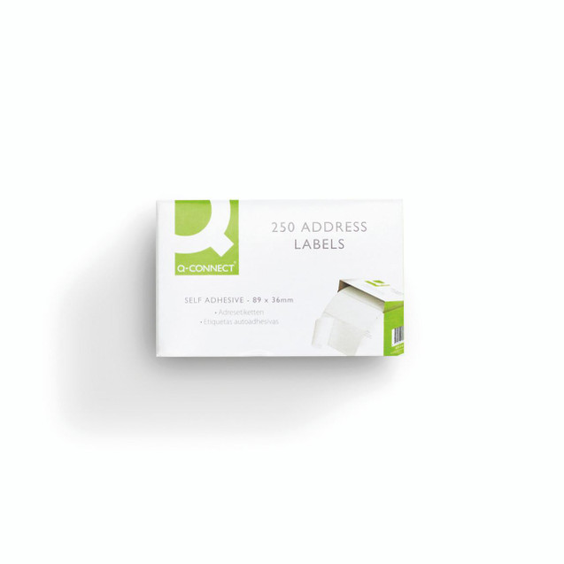 CW Office Q-Connect Address Label Self Adhesive, box of 250 self-adhesive address labels measuring 89 x 36mm with packaging featuring green and white design and label specifications.
