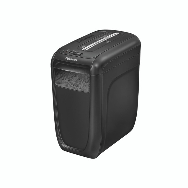 Fellowes Powershred 60CS Cross-Cut Shredder, black office shredder with transparent waste bin and control panel on top.