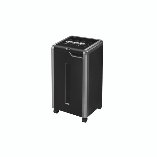 CW Office Fellowes Powershred 325CI Crosscut Shredder, black and silver office paper shredder with waste bin and control panel