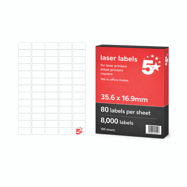 CW Office A4 Mini Sheet Lab 35.6X16.9MM PK8000, package of 80 laser labels for laser printers, inkjet printers, and copiers, with 100 sheets containing 8,000 labels.