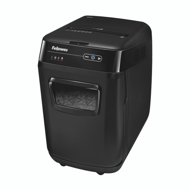 Fellowes Automax 200C Cross-Cut Shredder, black paper shredder machine with controls and transparent window for shredded paper, ideal for office use.