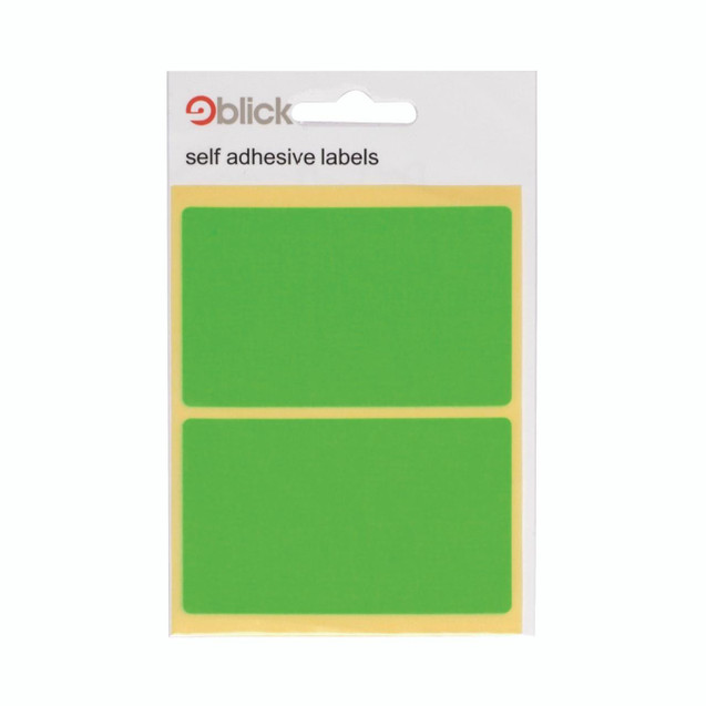 CW Office Blick Green Label Fluorescent Bag 50x80mm, two bright green self-adhesive labels on a yellow background in packaging.