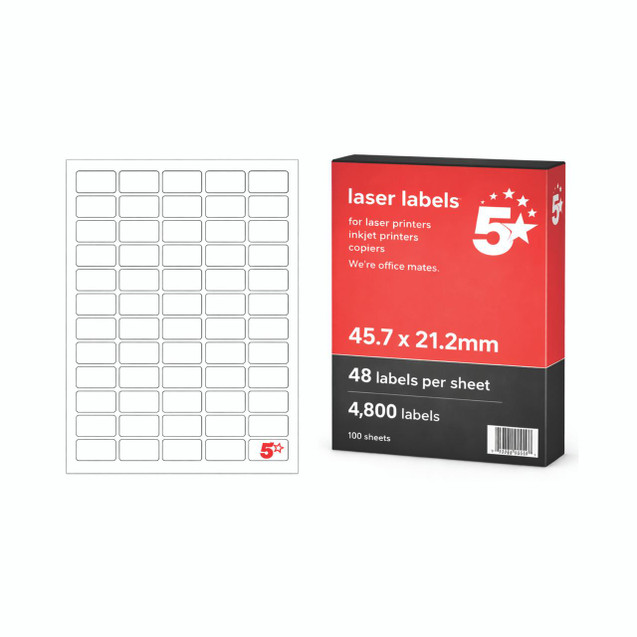 CW Office A4 Mini Sheet Lab 45.7X21.2MM PK4800, blank laser label sheet with multiple oval labels and packaging box showing product specifications.