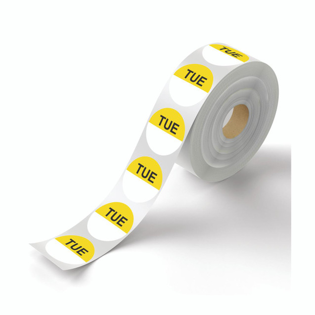 CW Office Food Rotation Label Tuesday PK3500, adhesive label roll with 'TUE' printed in bold black letters on a yellow circle background for food rotation tracking.