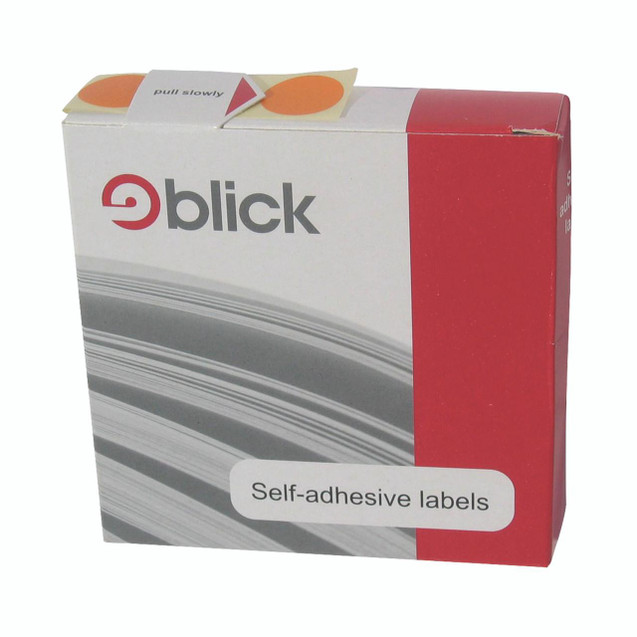 CW Office Blick Disp S/A Label 19MM Orange PK1, self-adhesive orange labels in a box.