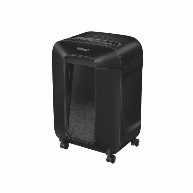 CW Office Fellowes Powershred LX85 C-cut Shredder, black office shredder with a transparent window and caster wheels for mobility.