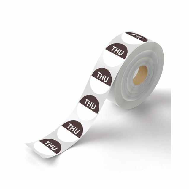 CW Office Food Rotation Label Thursday PK3500, a roll of printable labels for food rotation with 'Thursday' written on each round label in bold font.
