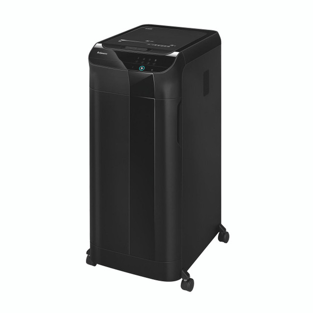 CW Office Fellowes Automax 550C Cross-Cut Shredder, black office shredder with digital controls and four caster wheels for mobility.