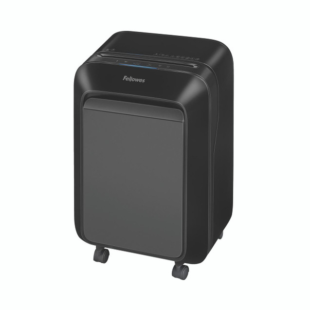 Fellowes Powershred LX211 Mcut Shrd, black desktop shredder with a modern design and wheels for easy mobility.
