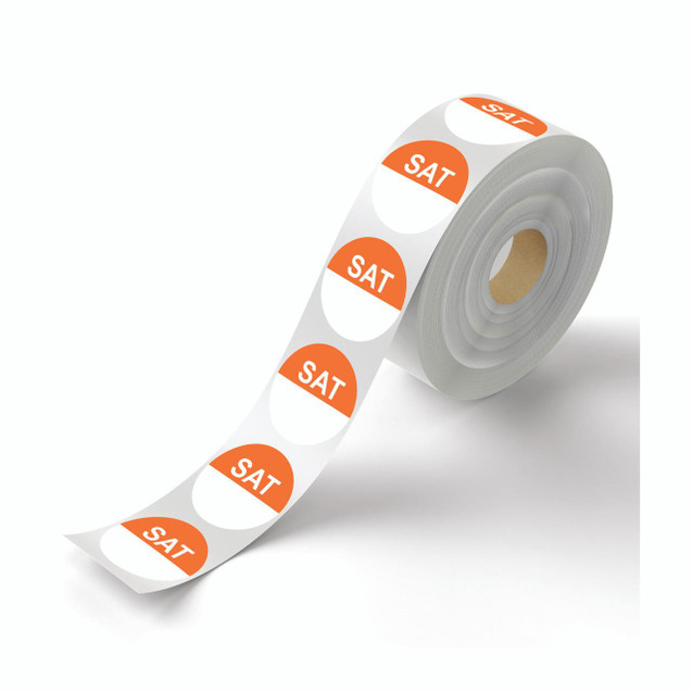 CW Office Food Rotation Label Saturday PK3500, a roll of printable labels with the day 'SAT' printed in bold orange and white background for food rotation in offices.