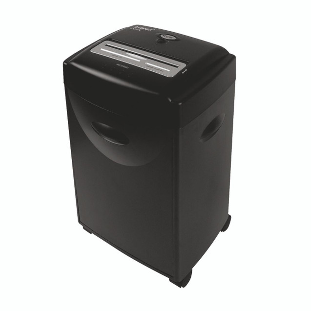 CW Office Q-Connect Q15CC Cross Cut Shredder, black office paper shredder with compact design and controls on top.