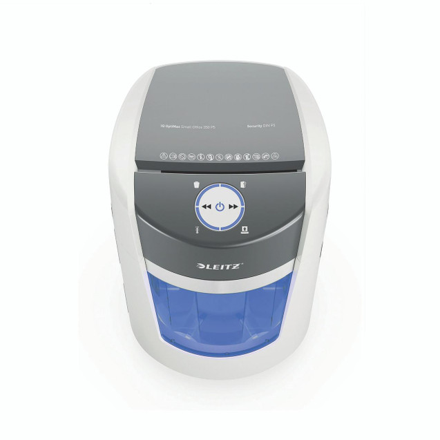 CW Office Leitz Iq OptiMax Paper Shredder 22L, Modern compact paper shredder with control panel and shredding bin.