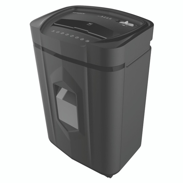 CW Office Q-Connect Q14MCC Micro Cut Shredder, black color office shredder with compact design and transparent window on the front for viewing shredded paper level.