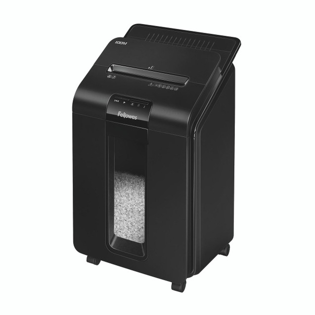 CW Office Fellowes Automax 100M Mcut Shredder, black cross-cut paper shredder with a transparent window and control buttons.