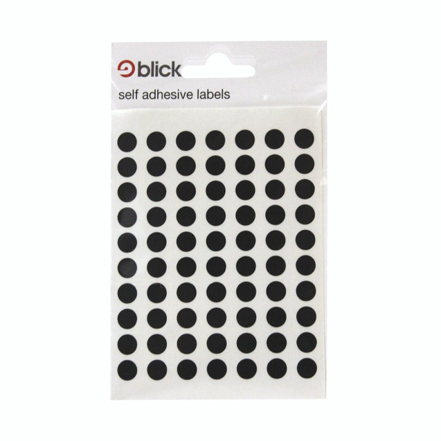 CW Office Blick Coloured Lbls 8MM Black PK9800, sheet of round black self-adhesive labels for organization and labeling.