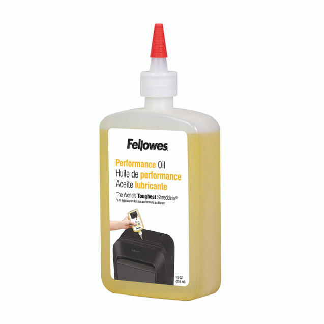 CW Office Fellowes Powershred Shred Oil 335ML, a white plastic bottle with a red nozzle, used for lubricating paper shredders.