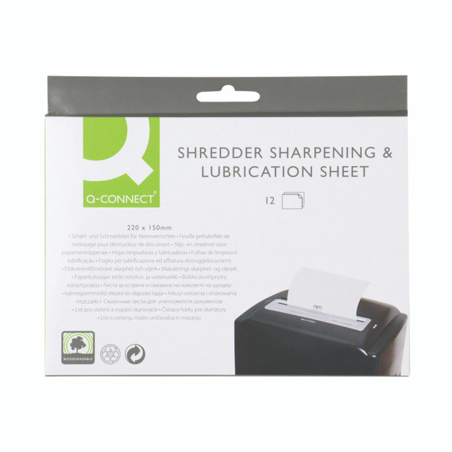 CW Office Q-Connect Shredder Lubrication Sheet, packaging for shredder sharpening and lubrication sheet with an image of a paper shredder and the sheet coming out of it.
