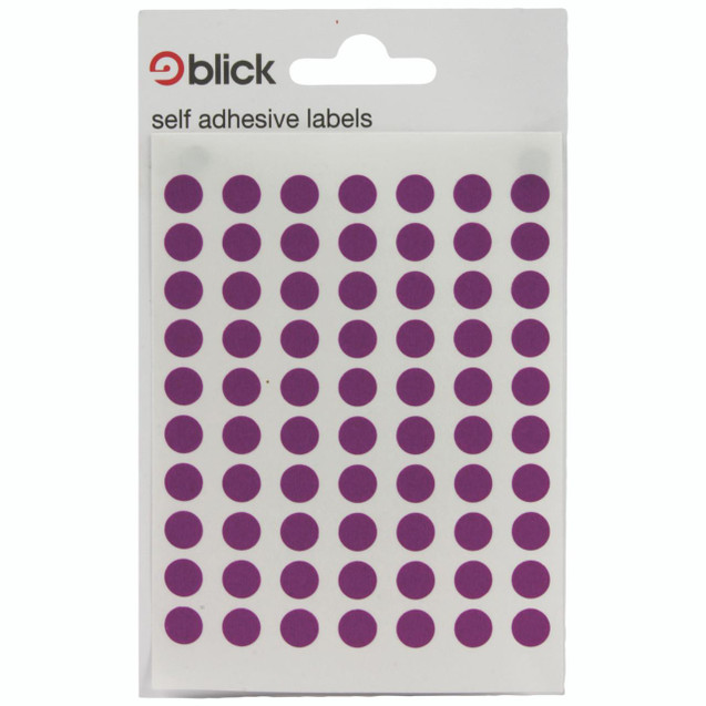 Product CW Office Blick Colored Labels 8MM Purple PK9800, sheet of small, round purple self-adhesive labels for organizational and labeling purposes.