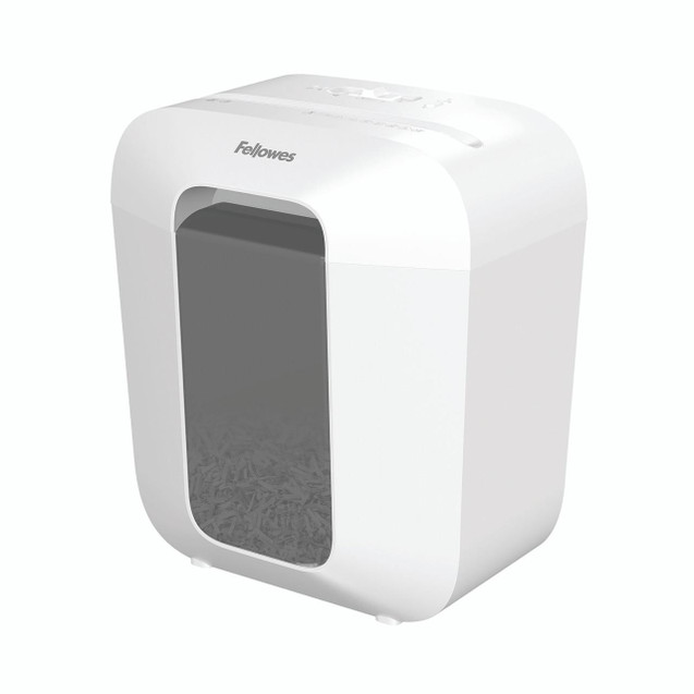 CW Office Fellowes Powershred LX25 Shredder, modern compact paper shredder with a white body, transparent window for shredded paper, and control buttons on top.