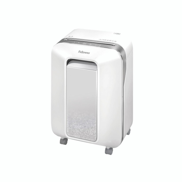 CW Office Fellowes Powershred LX201 Mcut Shrd, white office shredder with a modern design, featuring a large shredding slot and four caster wheels for mobility.