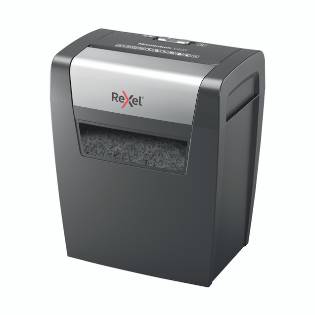CW Office Rexel Momentum X406 X/Cut Shredder, a compact office paper shredder with a gray body and silver top, featuring a transparent window to view shredded paper inside.