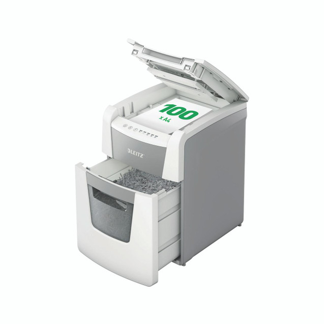 Product CW Office Leitz Iq Autofeed Cross-Cut P-4 Shredder, modern office shredder with open paper feed and shredded paper collection tray.