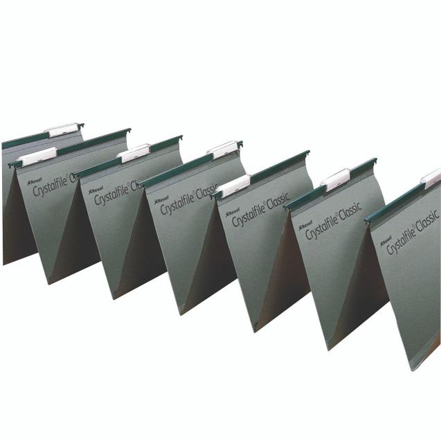 Crysalfile Susn File GRN PK50, a set of green plastic file folders with metal clamps for organizing documents.