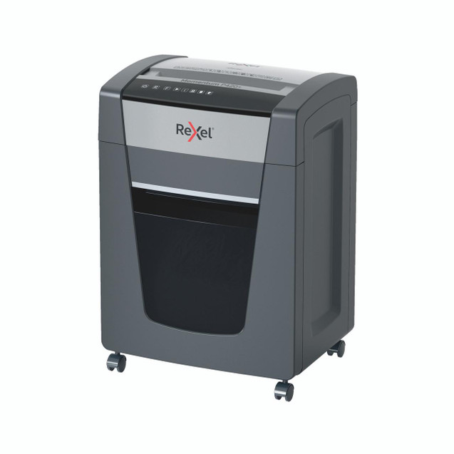 CW Office Rexel Momentum P420+ Shredder, modern paper shredder on wheels with a sleek gray and black design.