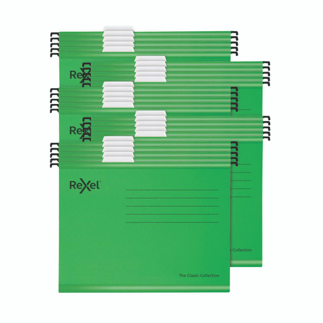 CW Office Rexel GRN A4 Classic Susp Files PK25, green suspension files with white tabs and black rimmed hooks for organizing documents