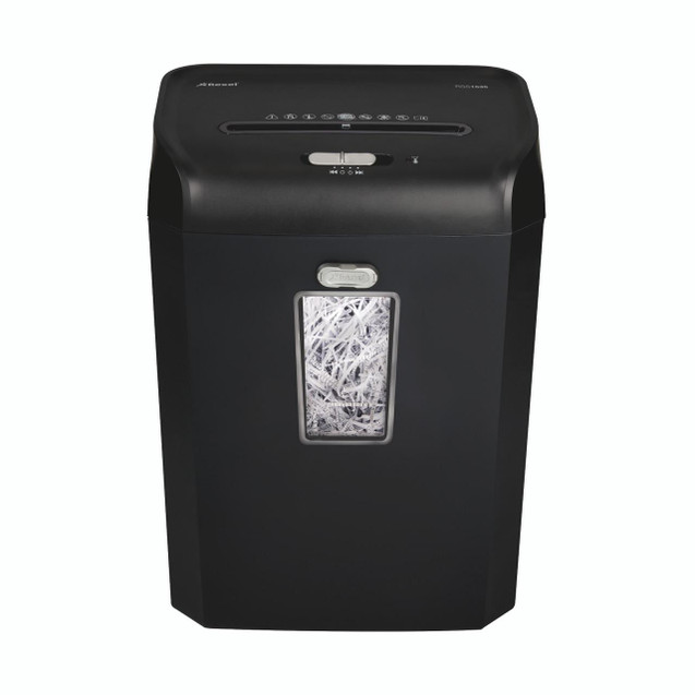 CW Office Promax Qs 15/35 Strip-Cut Shredder, a black office paper shredder with a transparent window showing shredded paper, designed for secure document disposal.