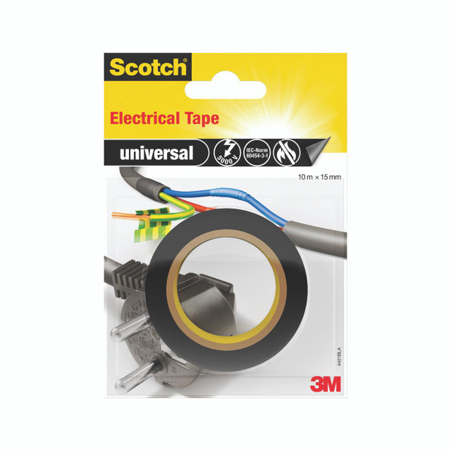 CW Office Scotch Electrical Tape BLK 10MX15MM, black 15mm wide electrical tape for insulation and wiring repairs.