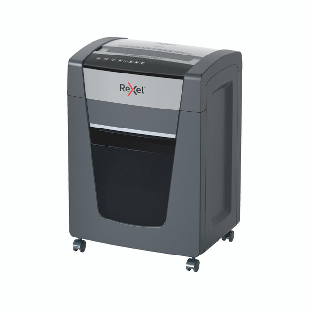 CW Office Rexel Momentum P515PLUS Shredder, grey and black office shredder with a compact design, four wheels for mobility, and a front paper entry slot.