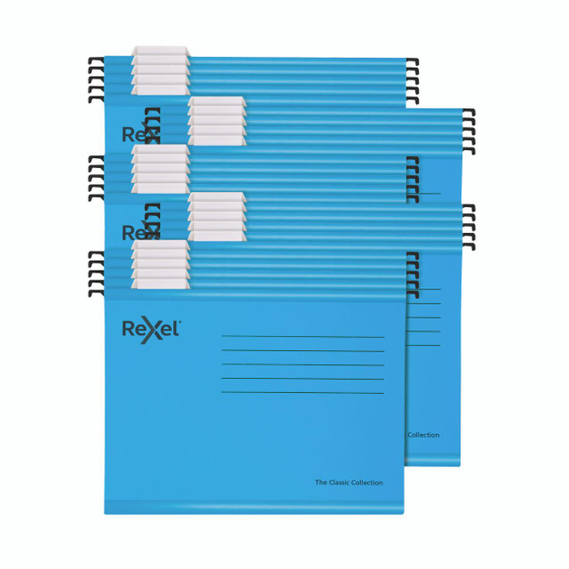 Product CW Office Rexel Blue A4 Classic Susp File PK25, set of 25 blue A4 suspension files with white labels and black clips for organizing documents.