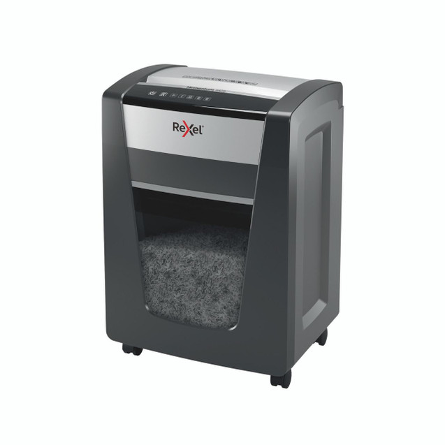 CW Office Rexel Momentum X420 C/Cut Shredder, modern paper shredder with a sleek design and black and silver color scheme, featuring a transparent shred bin and control panel on top.